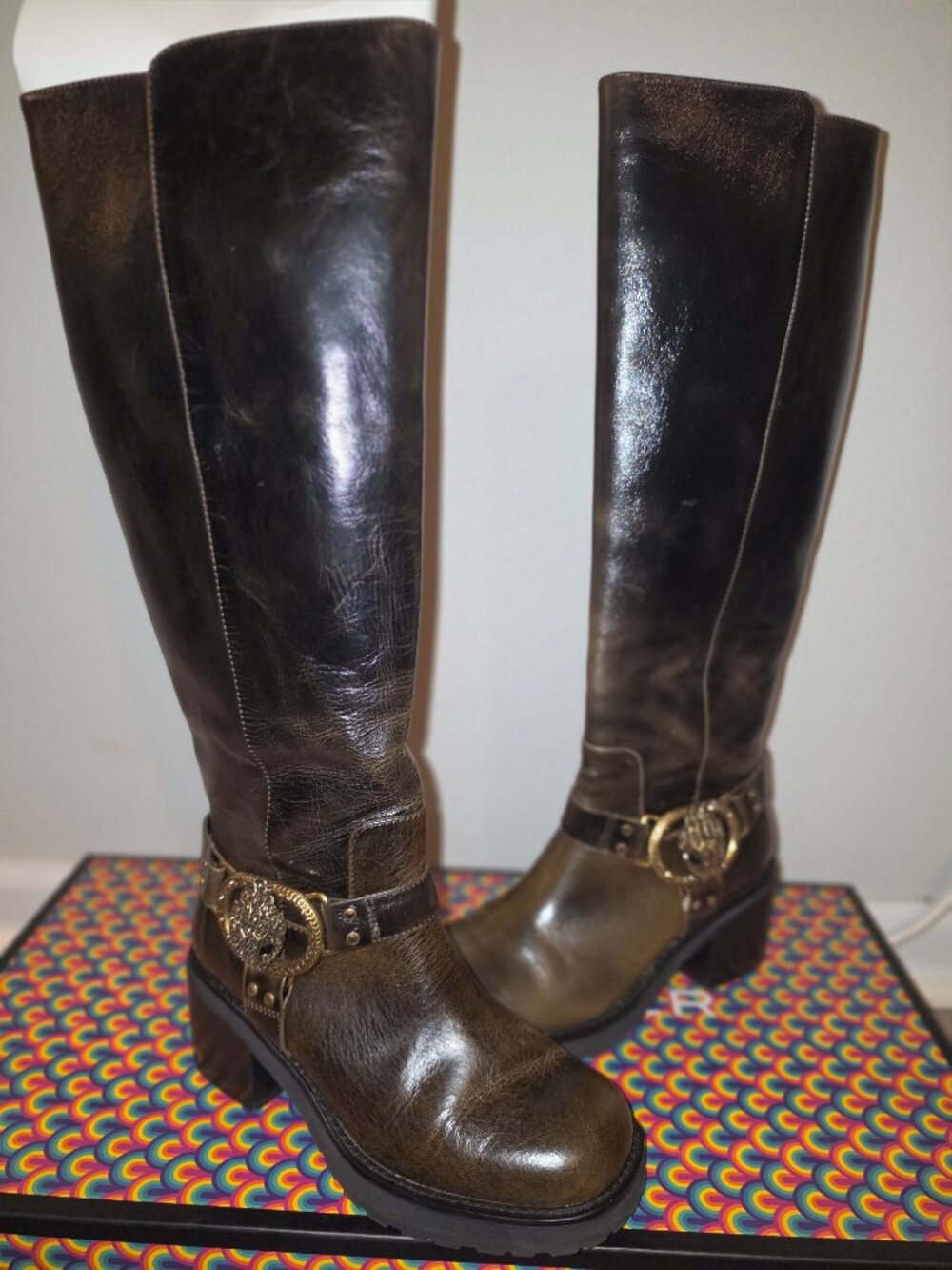 Kurt Geiger Leather Knee High Boots Gold Buckle EU 36.5
